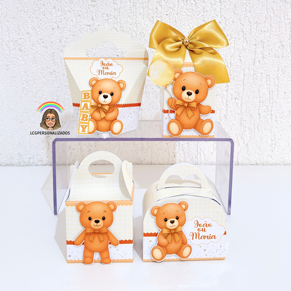 Kit Caixas Personalizadas Chá Revelação Ursinho | Personalizados Festa Infantil Luxo 3D | Lembrancinhas