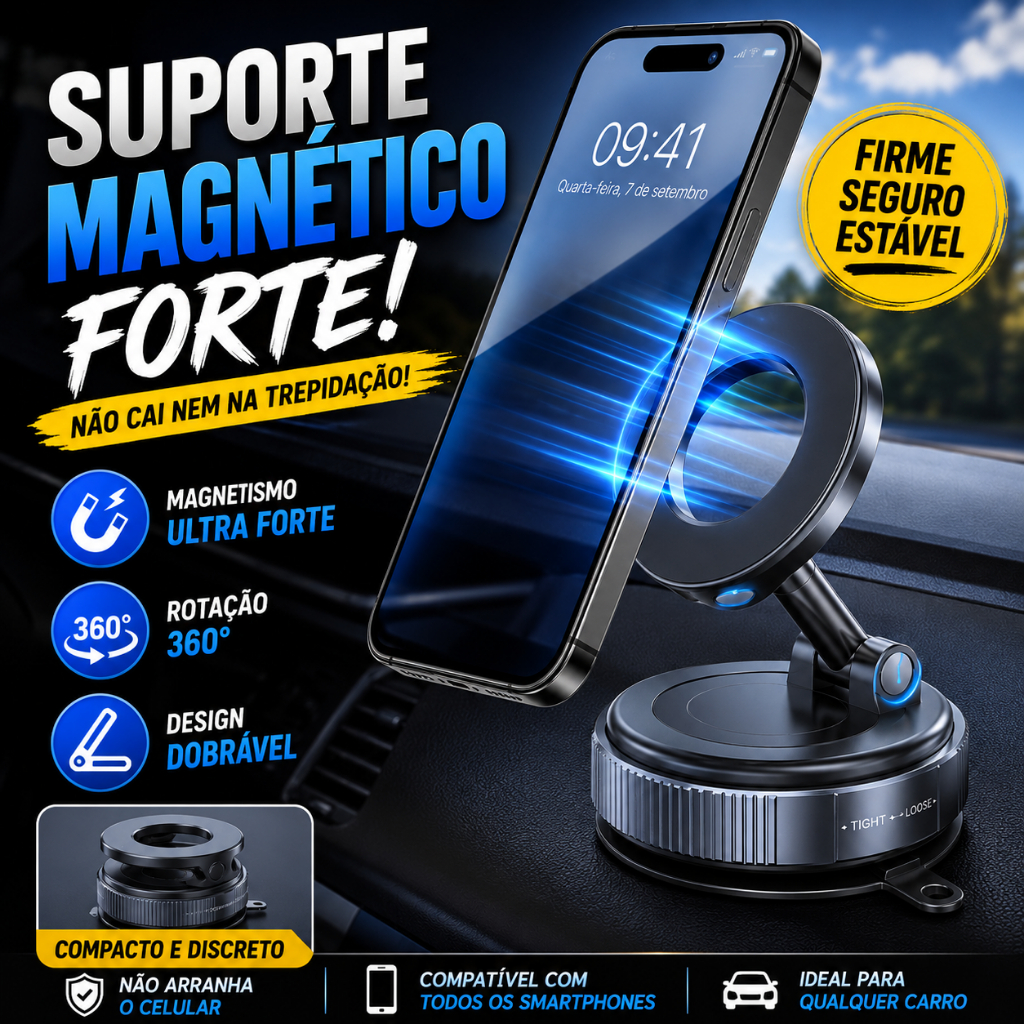 Suporte Magnético 360° para Celular–Forte Dobrável Ajustável Ventosa a Vácuo, Carro e Mesa Universal