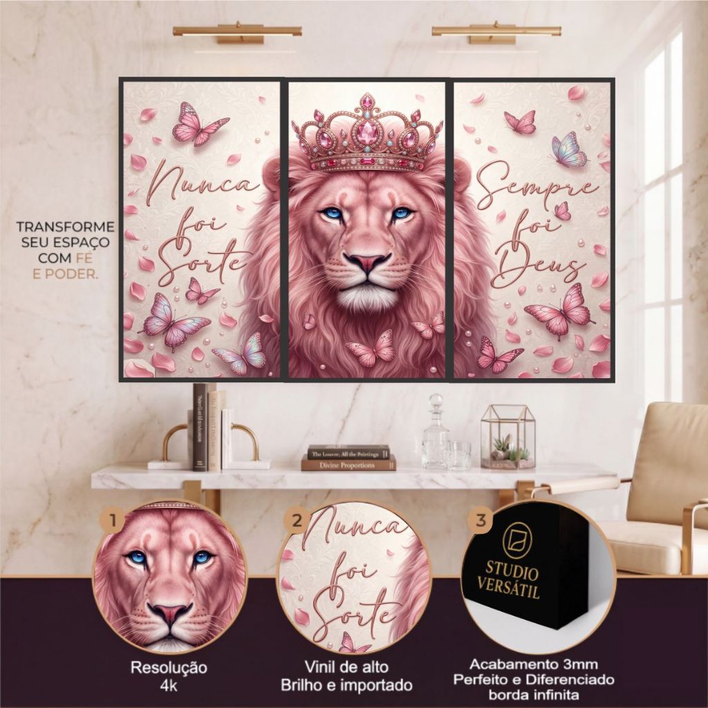 Kit 3 Quadros decorativos LEÃO ROSA MODERNO LINDO NUNCA FOI SORTE SEMPRE FOI DEUS sala quarto 122x60