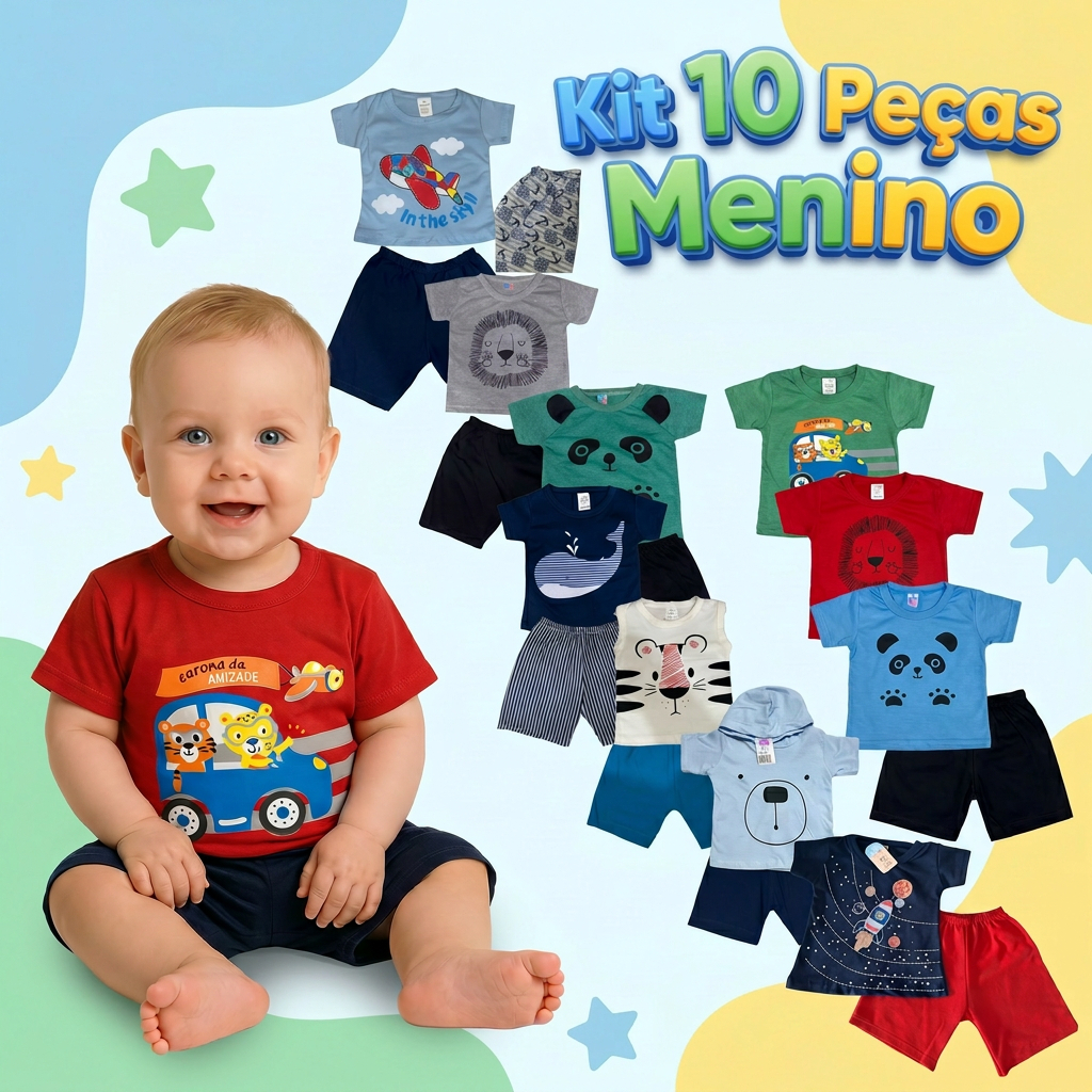 Kit 10 Peças Conjunto Menino Bebê Infantil Estampas Divertidas Verão 5 Camisas 5 Bermudas Algodão