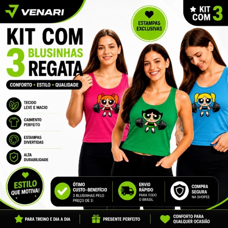 kit 3 blusinhas Meninas Super Poderosas Treino Crossfit dryfit Feminino Gym Academia amigas