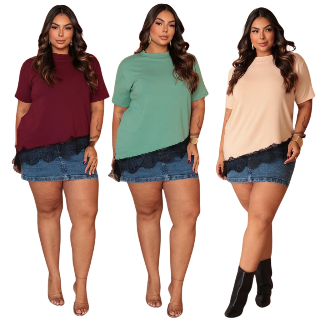 Blusa Feminina Plus Size Assimétrica com Renda Chantilly Moletinho Leve Moda  Curvy Tendência  G1