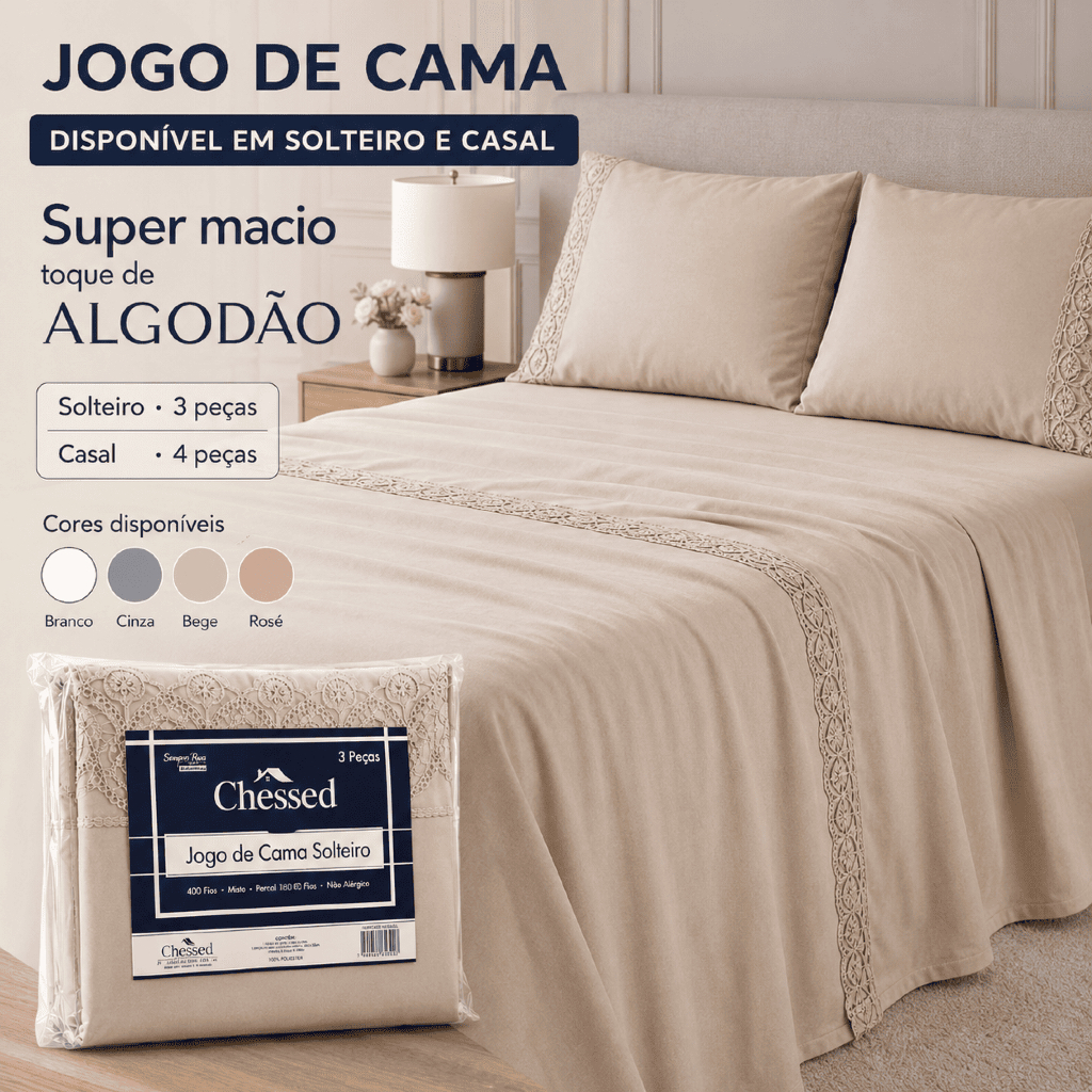 Jogo de Lençol Solteiro Casal ou Queen 400 Fios 3 ou 4 Peças Bordado Ingles Luxo Macio e Elegante