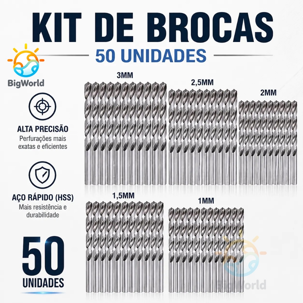 Jogo 50 Brocas De Titânio Hss 1mm 1,5mm 2mm 2,5mm 3mm