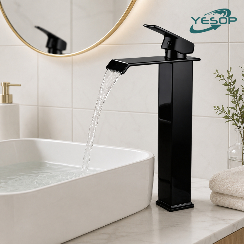 YESOP Torneira Preto Banheiro Cascata Quadrado Misturador Monocomando Inox Alta 30cm