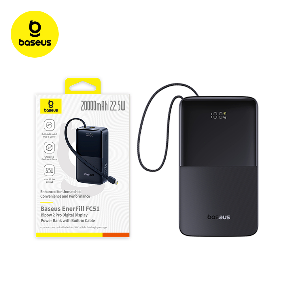 Imagem PowerBank Baseus Bipow2 Pro 20000mAh 22.5W com Cabo Integrado e Display Digital EnerFill FC51
