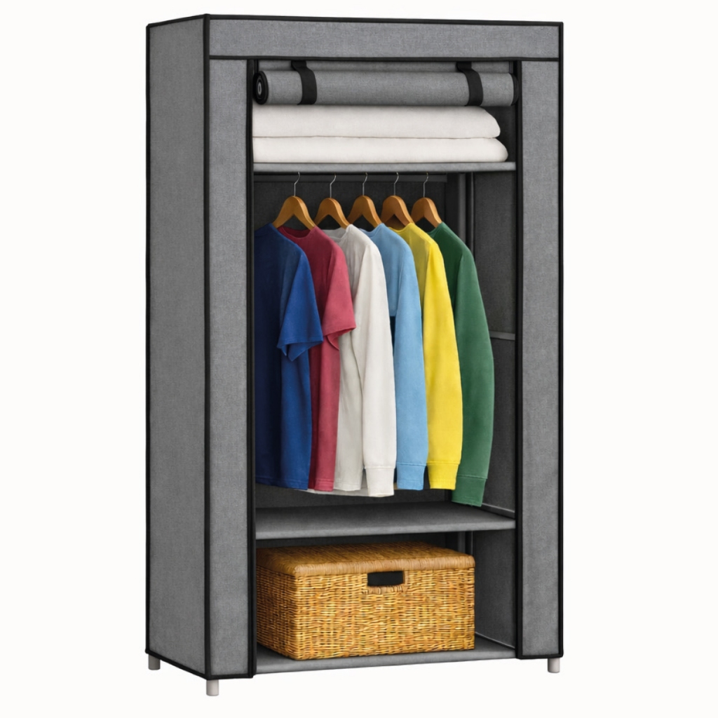 Guarda Roupa Dobrável Portátil Solteiro 165x45x76cm Roupeiro Organizador com Cabideiro | CINZA