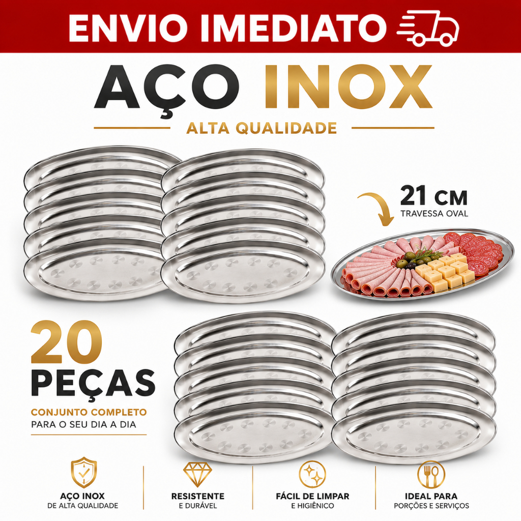Kit 20 Travessas Inox Oval Rasa Bandeja Para Salada Porções e Petiscos 21cm Bar Lanchonete Cozinha