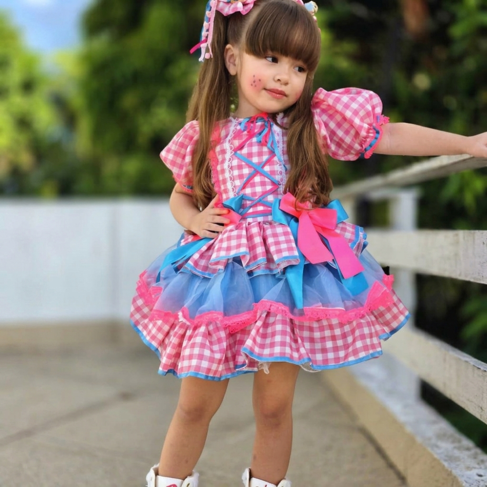 Vestido Festa Junina  Caipira xadrez rosa São joão Luxo Rodado Infantil Quadriculado  Menina