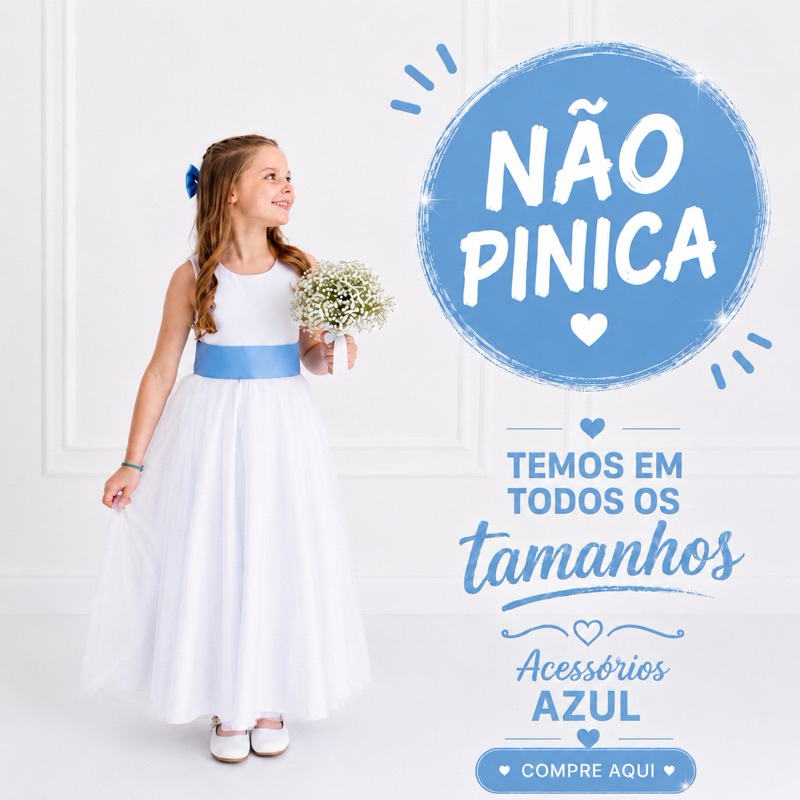 Vestido Dama de Honra  Longo Branco Faixa Azul Serenity Infantil com Saia Tule REF4072