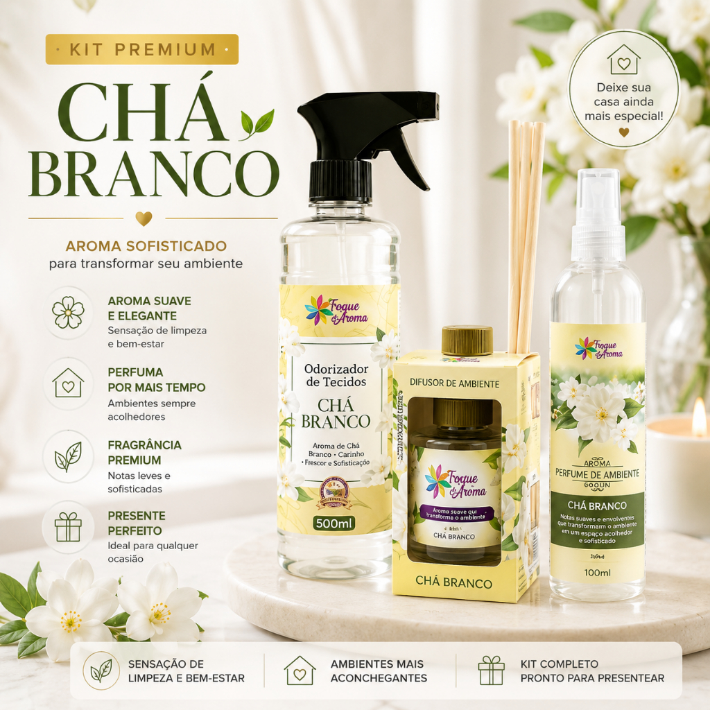 Kit Aromatizador Chá Branco Premium 3 Peças – Difusor + Perfume de Ambiente + Odorizador de Tecidos