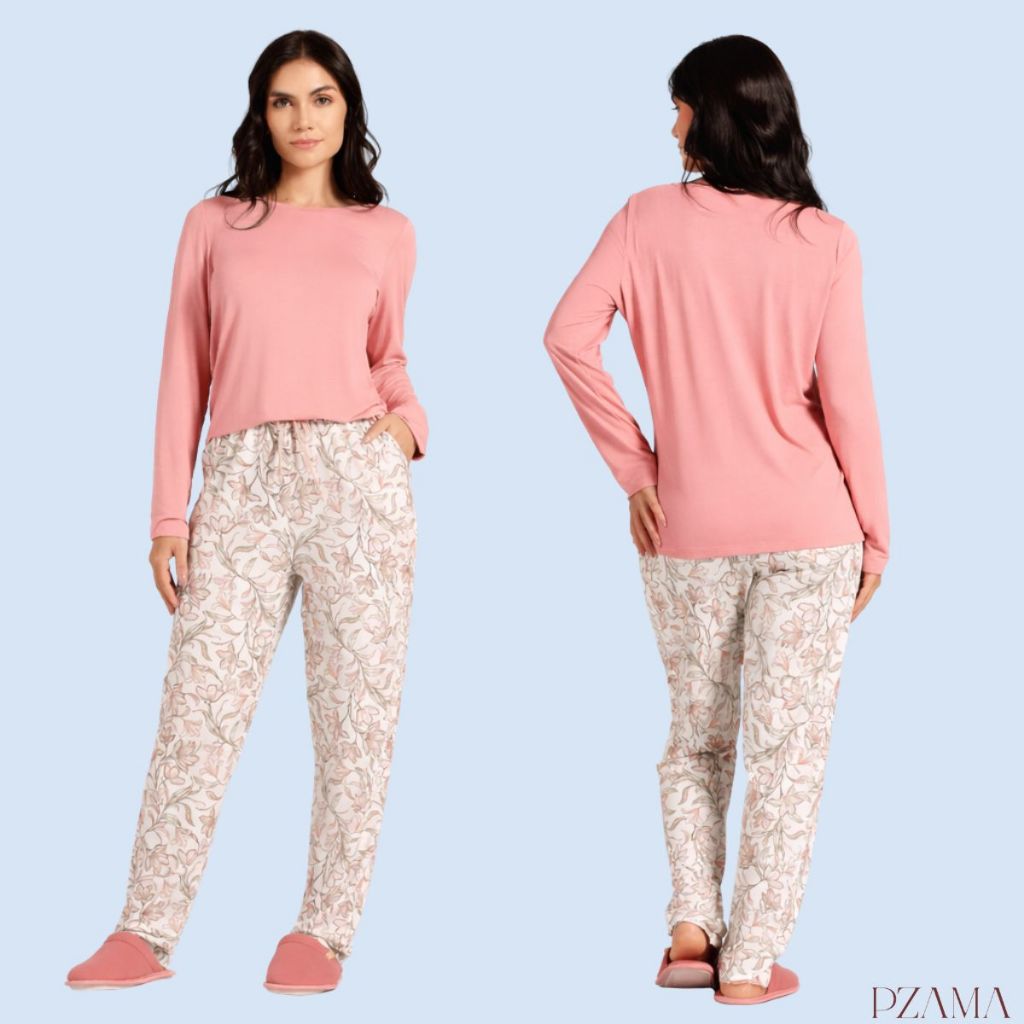 Conjunto Pijama Feminino Pzama Manga Longa Calça Estampada Viscose