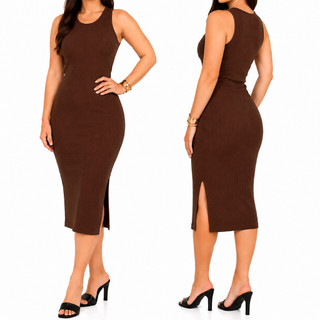 Vestido Feminino Regata com Fenda Lateral Canelado Midi