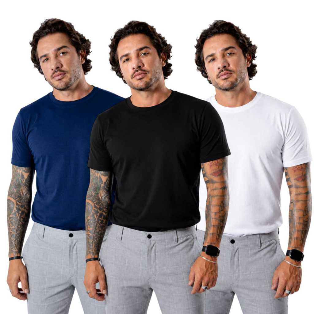 Kit 3 Camisetas Masculinas Lisa Premium Tradicional com Elastano Manga Curta Confortável