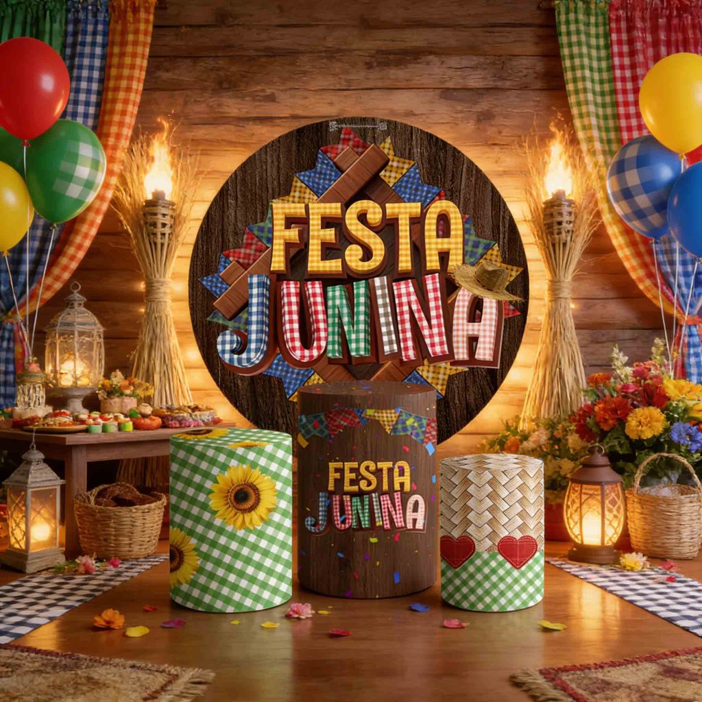 Capas Painel Redondo Trio Cilindro Festa Junina Arraiá Caipira