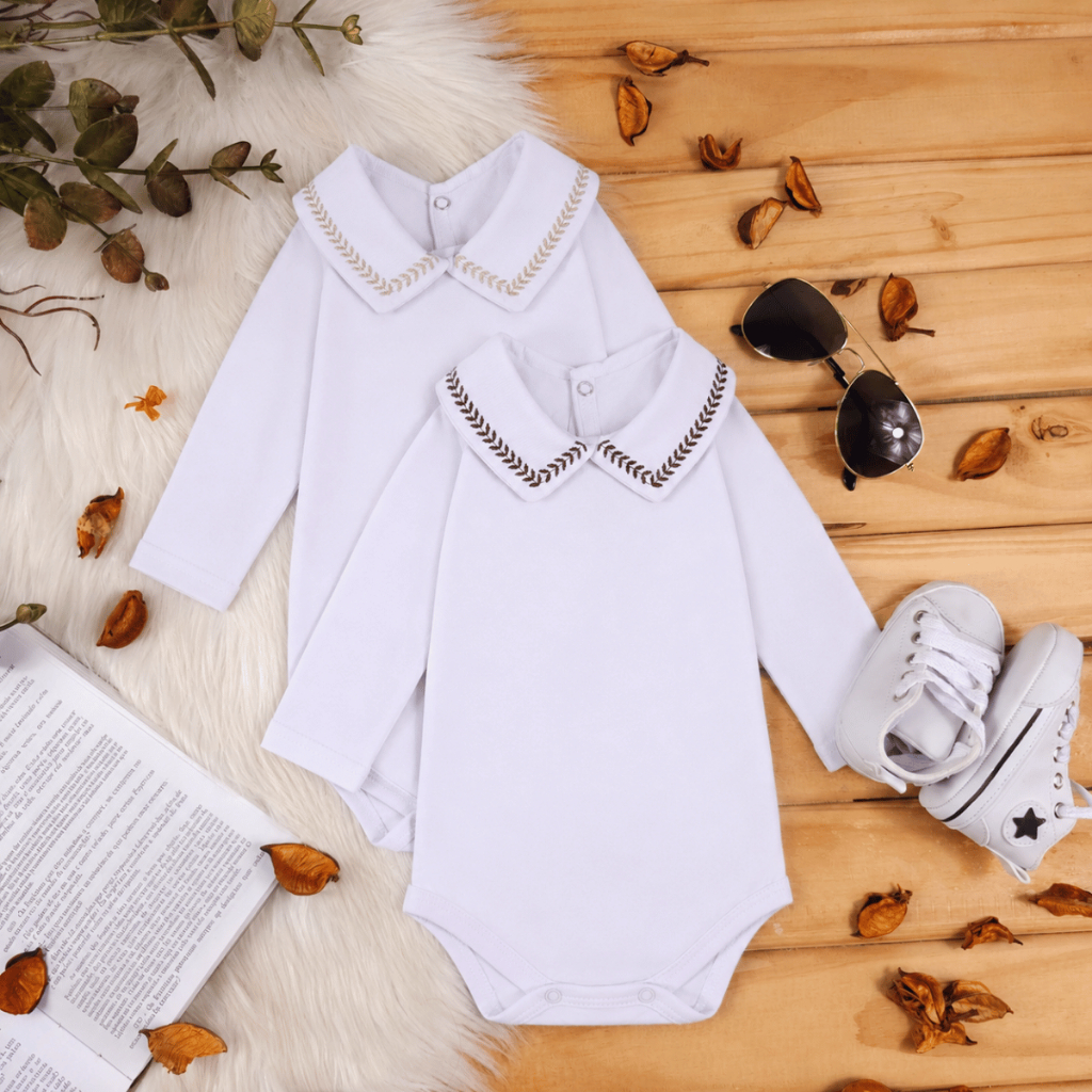 Kit 2 Peças Roupa Bebê Menino Body Manga Longa Gola Bordada 100% Algodão do RN ao G