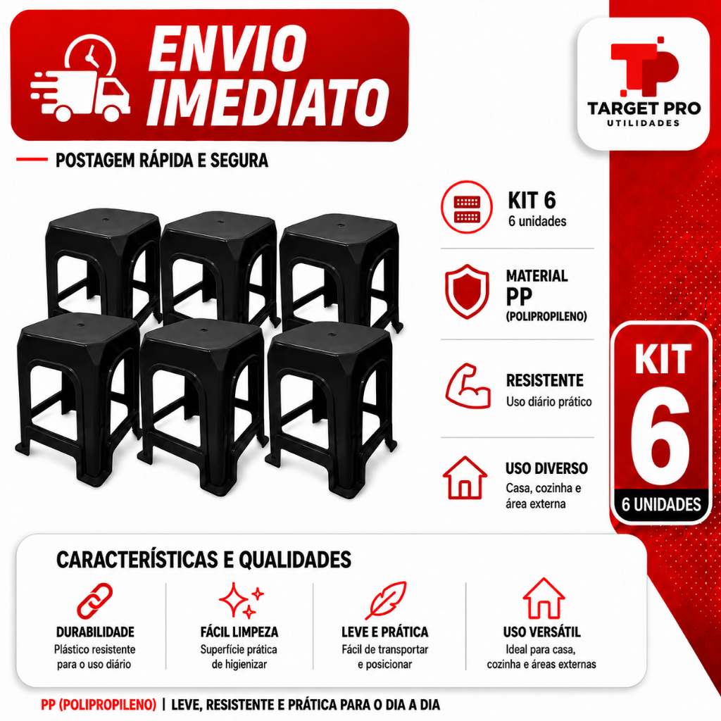 06 Un Banqueta Plástico Banquinho Banco Reforçado 140kg