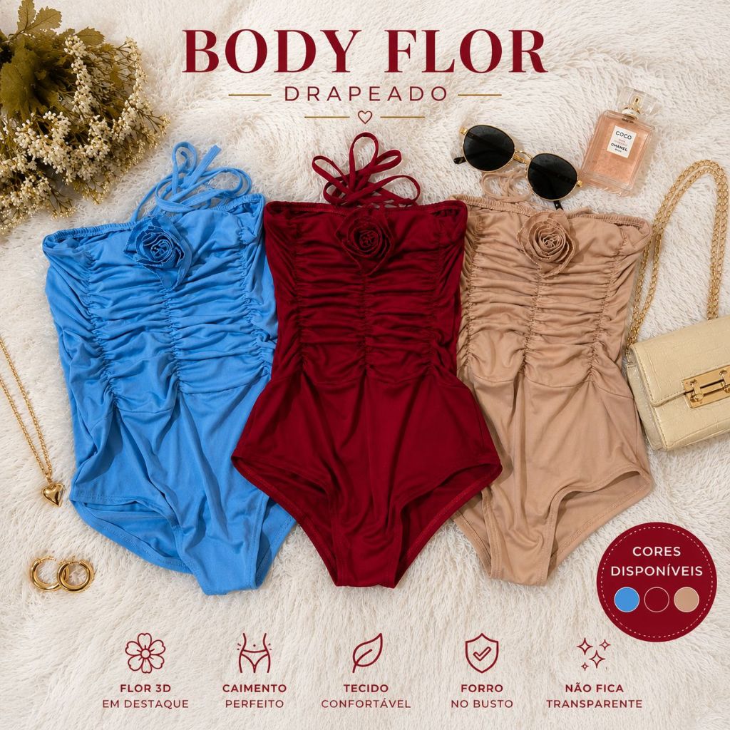 Body Drapeado Flor 3D Premium com forro interno no busto./Zero Transparência/Modal Luxo/ Romantic