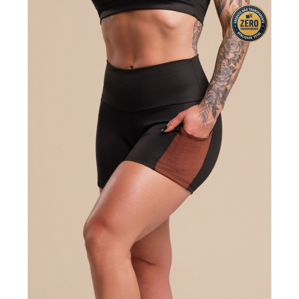 Short Fitness Curto Cintura Alta Feminino Com Bolso Tela Lateral Academia Treino Corrida F7 NEW STYLE