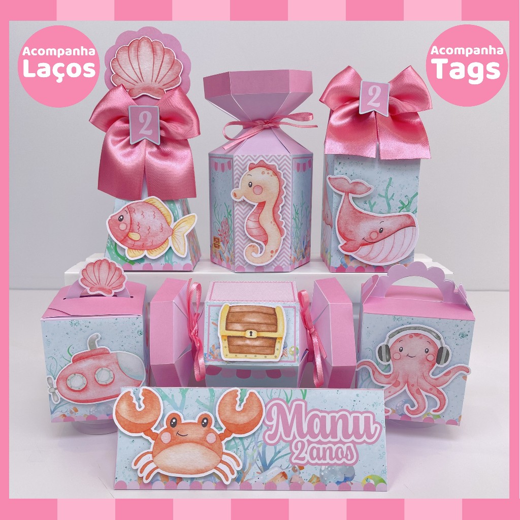 kit festa de aniversário Fundo do Mar Rosa aniversário lembrancinha caixinha personalizada