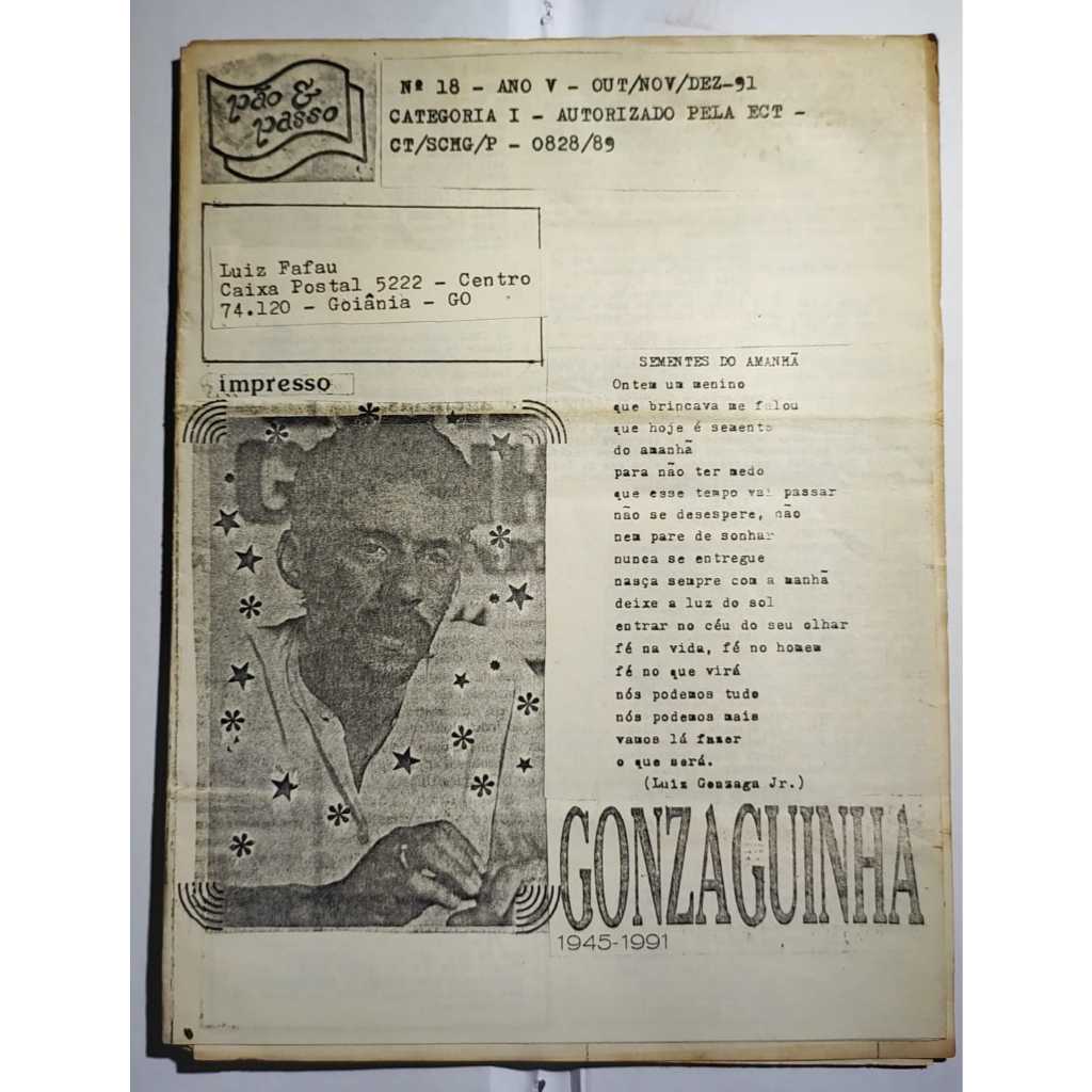 Fanzine Pão e Passo Nº18 Ano V 1991 Belo Horizonte MG Enviado a Goiânia GO Poesia Marginal Gonzaguinha