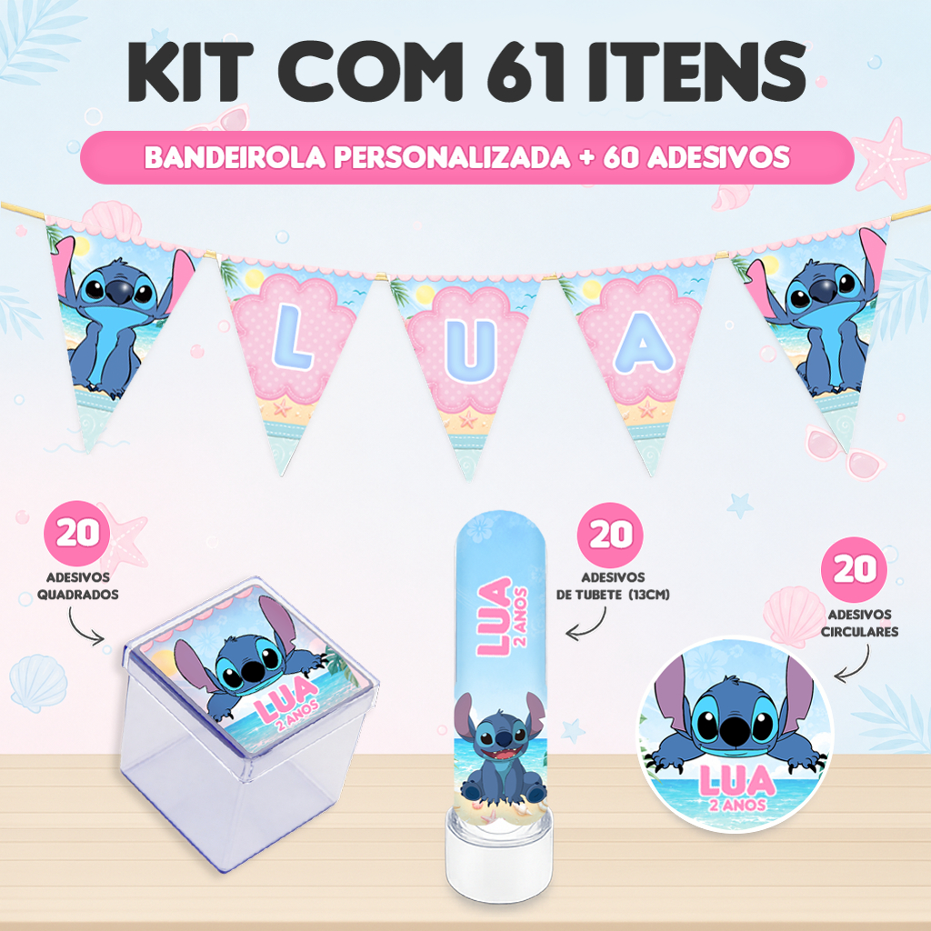 Kit Lembrancinhas 61 Itens Stitch Bandeira, Adesivo de tubete, Quadrado, Redondo 4x4