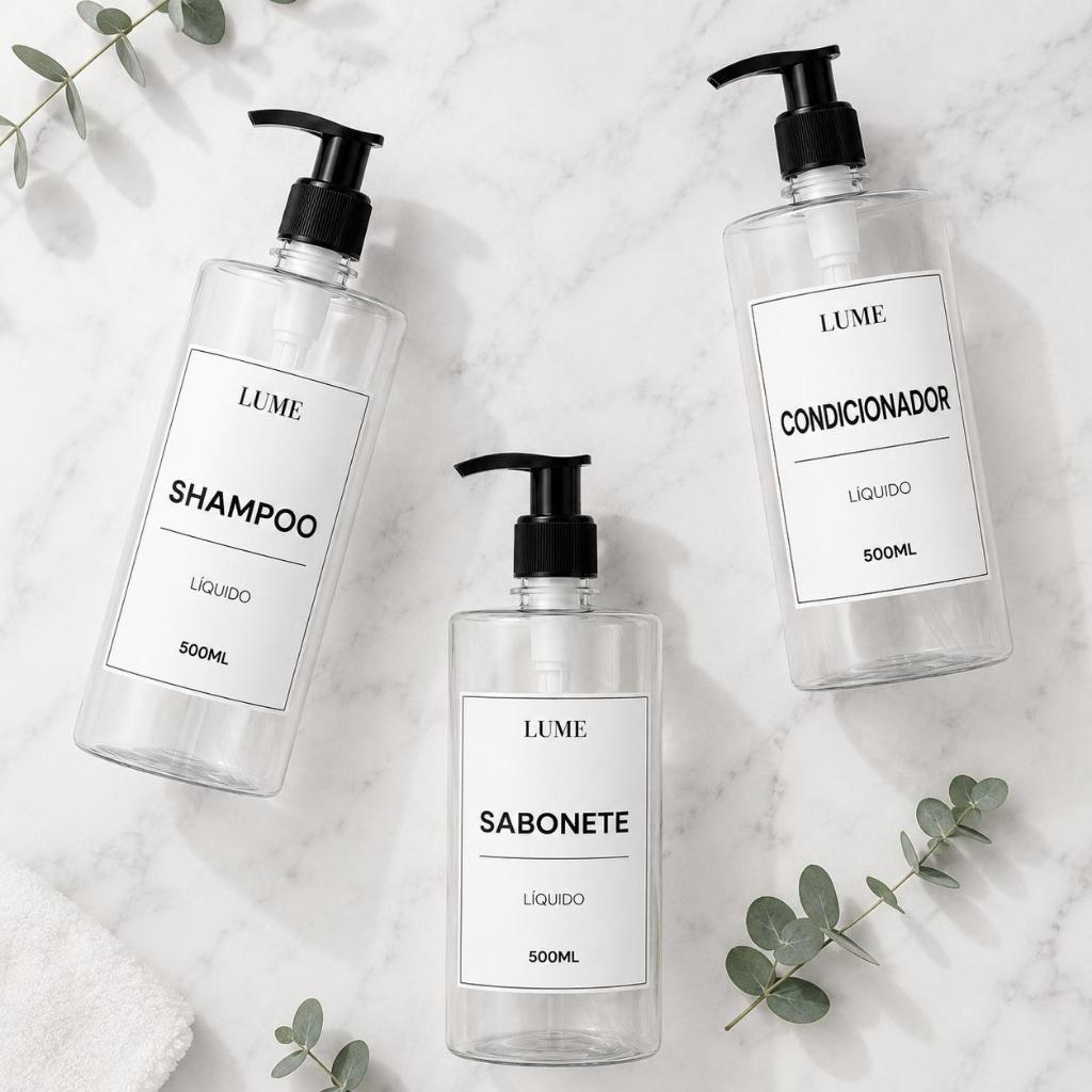 Kit Banheiro 3 Frascos 500ml Transparente com Rótulos Shampoo Condicionador Sabonete Pronto Uso Luxo Kit Banho