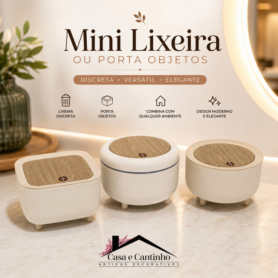 Mini Lixeira de Mesa Maquiagem e Tampa Click Cesto Porta Objeto Portátil Organizador Multiuso