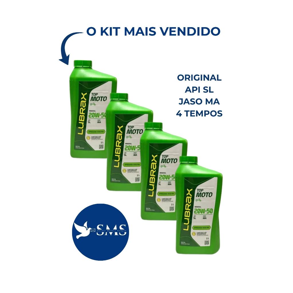 Óleo Lubrax Top Moto 20w50 Mineral API SL JASO MA Motor 4 Tempos  Kit 4 Litros Original  Alta proteção Yamaha/ Honda