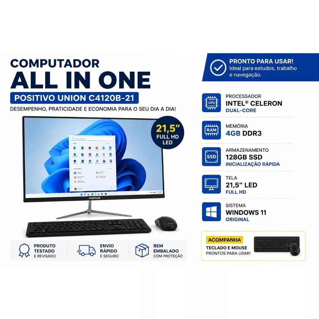 Computador All In One Positivo 21,5” Intel Celeron 4GB SSD 128GB Win11