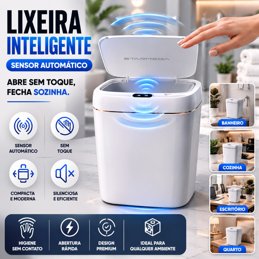 Lixeira Inteligente 12L Sensor Infravermelho Automático para Banheiro Cozinha Escritório Comercial