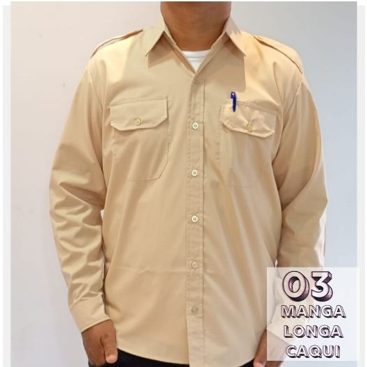 Kit 3 Camisas Manga Longa Caqui com Lapela Uniforme Social Profissional Motorista Porteiro Empresa