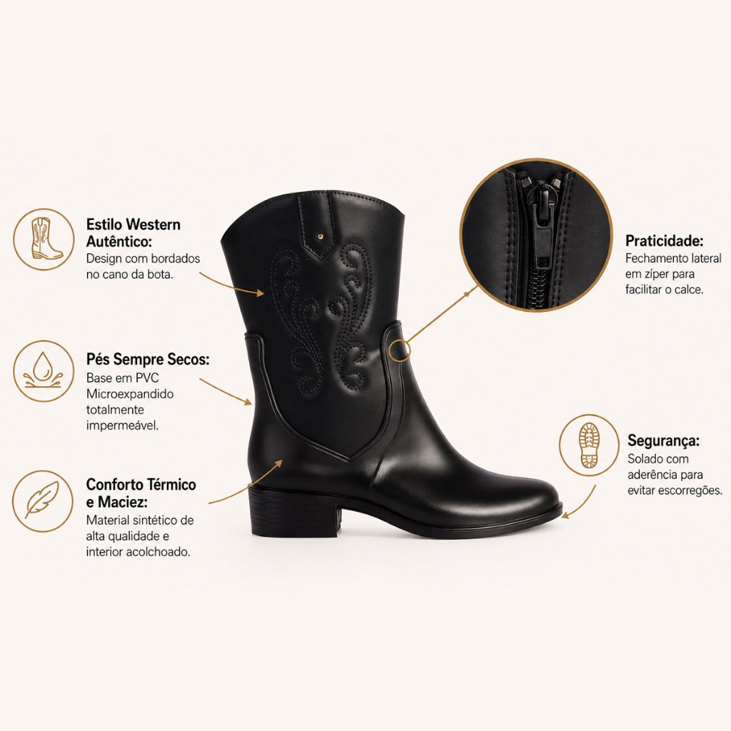 Bota Feminina Memphis Texana Country Western Cano Bordado Leve e Confortável - Preto — imagem 2 de 2