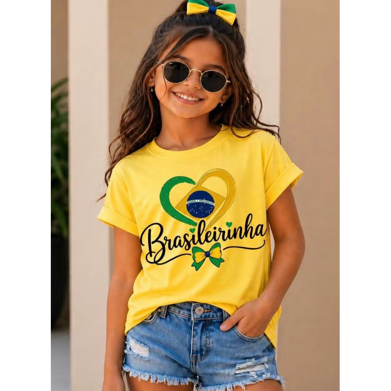 Camiseta Infantil Menina Brasil Brasileirinha 100% Algodão 7 de Setembro Copa do Mundo Verde Amarelo