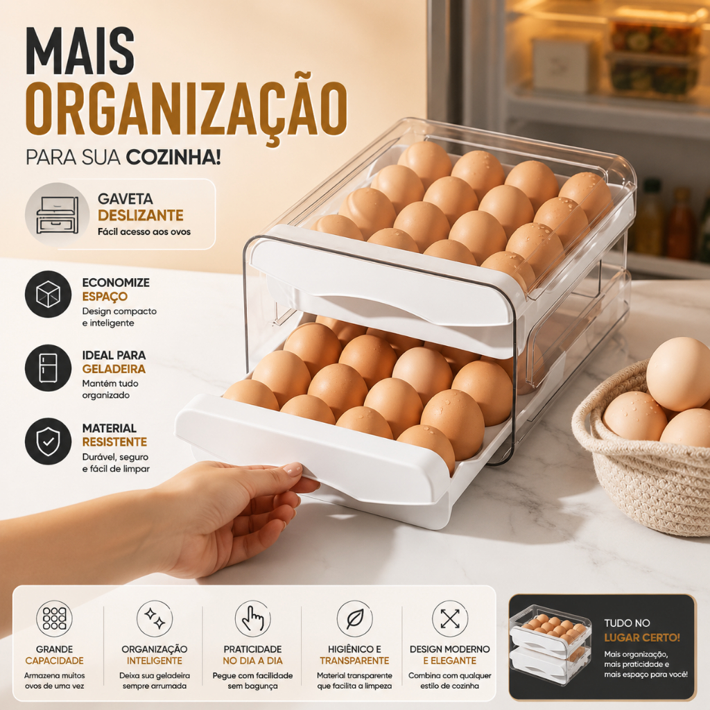Porta Ovos Acrílico Organizador Geladeira Gaveteiro Dupla Capacidade Cor Branca Envio Imediato