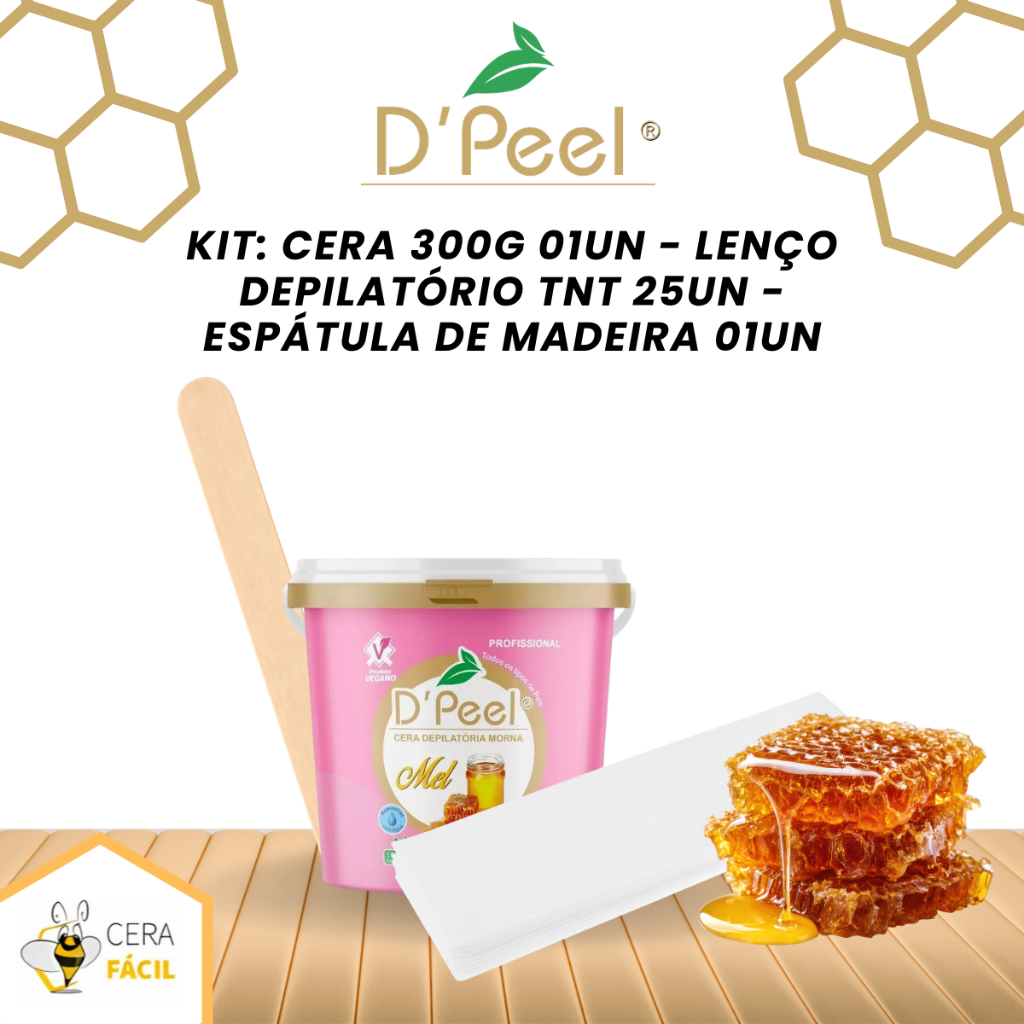 Kit Depilatório Cera Hidrossolúvel Mel 300g + Lenço TNT 25un + Espátula