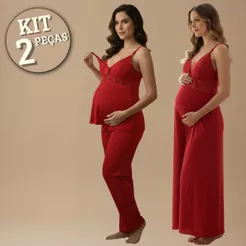 KIT Amamentação LONGO Pijama CALÇA DOLL com Blusa em Click + Camisola Longa com Detalhes em Renda.