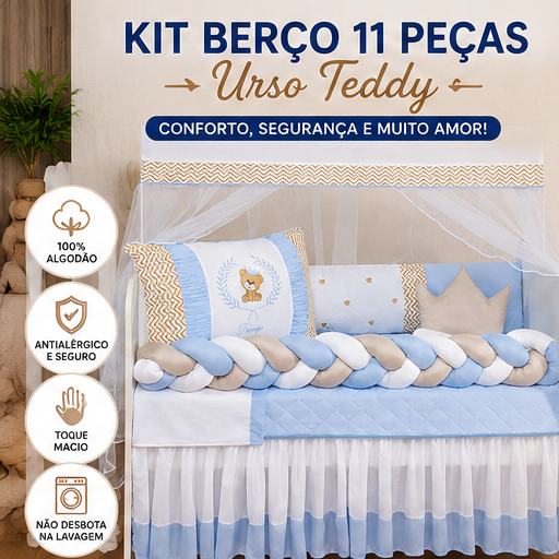 Kit Berço Bebê Urso Teddy 11 Peças – Enxoval Completo Premium Padrão Americano
