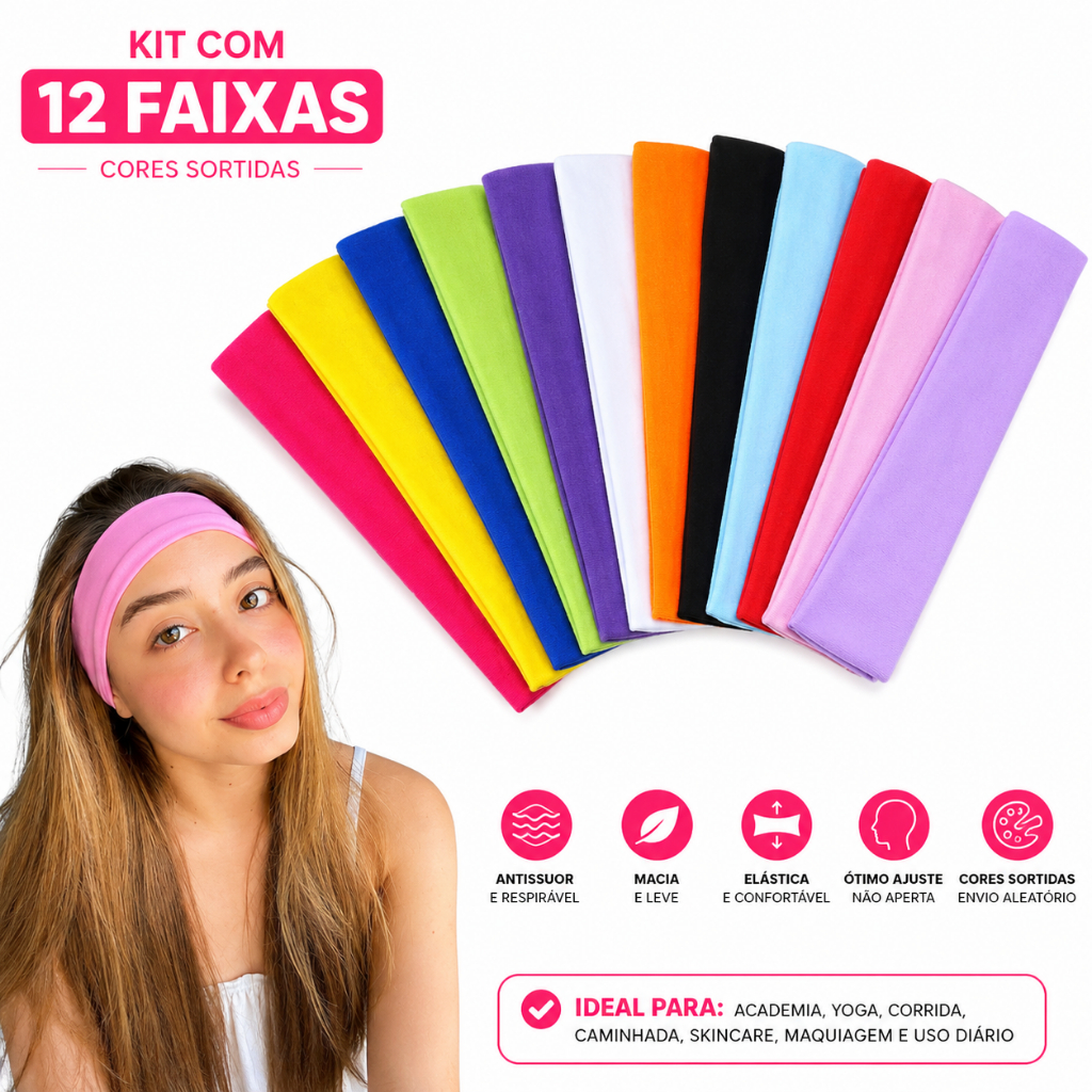 Kit Faixas de Cabelo Elásticas Confortáveis Headband Feminina para Academia Esporte Yoga Corrida Lazer Passeio Moda