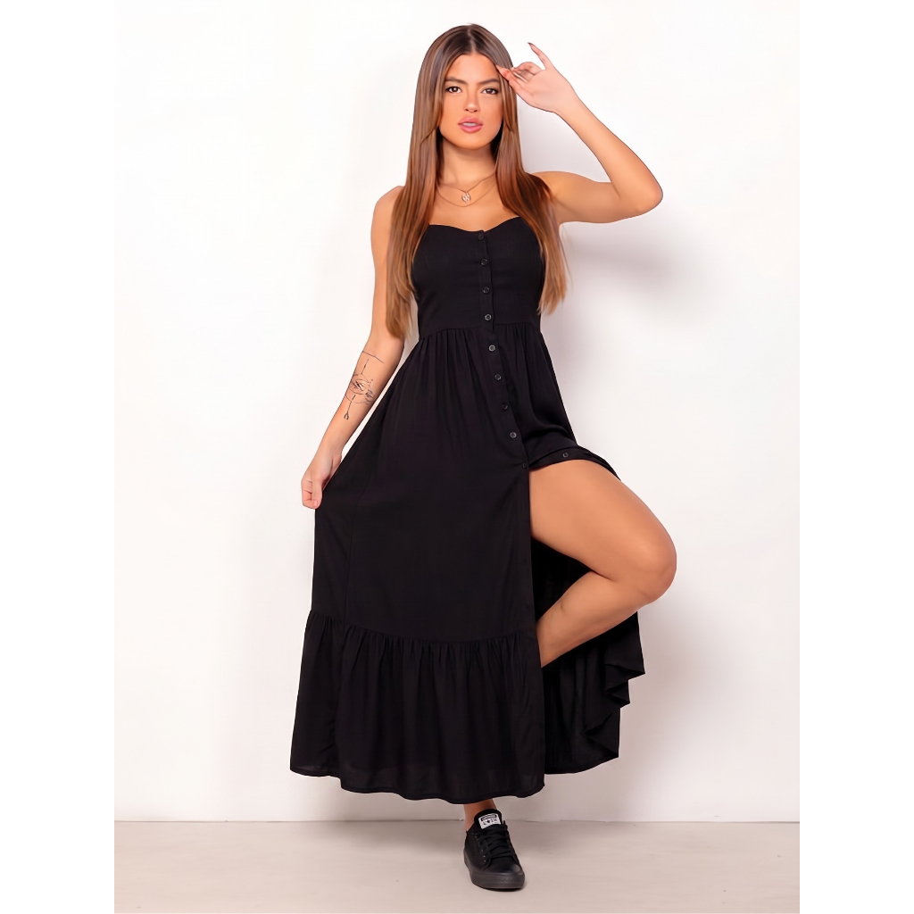 Vestido Longo Soltinho Feminino Viscose Poa Bolinha Lastex Verão