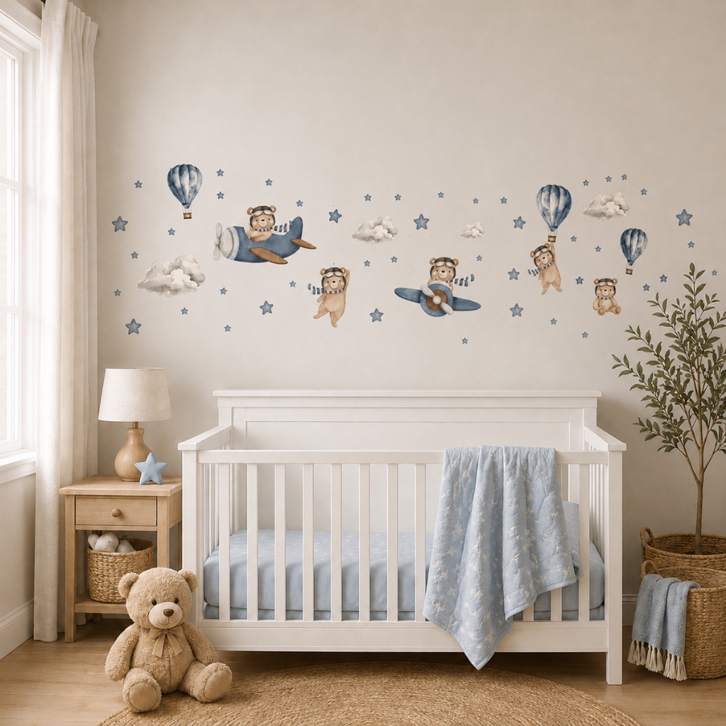 Adesivo De Parede Infantil Ursinho Aviador Balões Urso Nuvem Azul Quarto Menino Aquarela Decoração