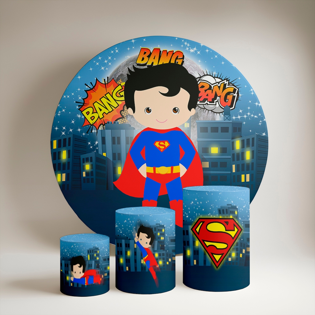 Kit Painel Redondo 1,5 m + Trio de Capas De Cilindro Pegue e monte Super heróis novo