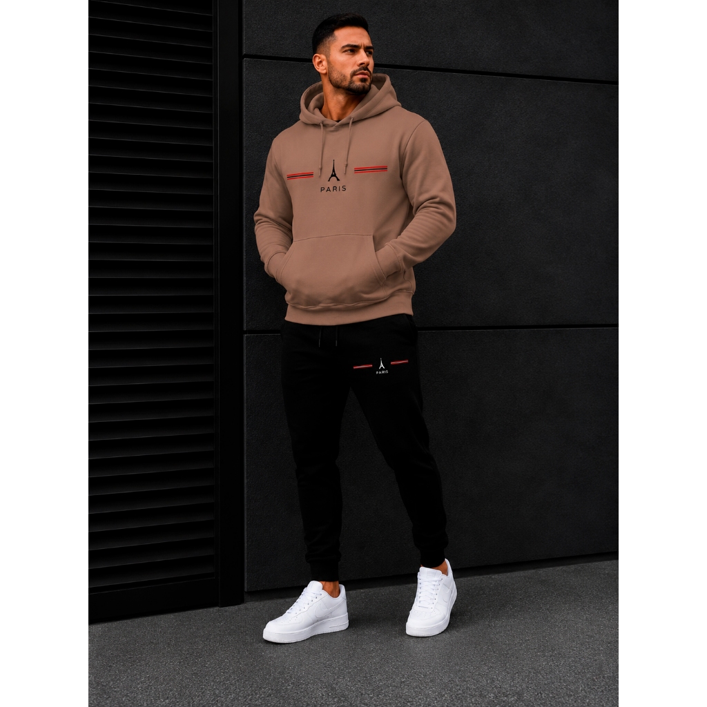 Conjunto Moletom Premium Calça Flanelada Blusão De Frio Canguru Estampado Paris-Torre