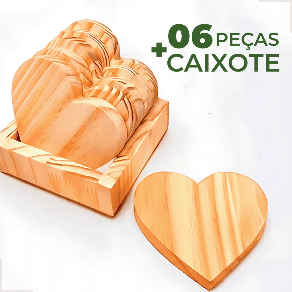 Kit 6 Porta Copos Coração 11 cm Bolacha Madeira Pinus Caixinha Suporte Mesa Posta Artesanato Pintura