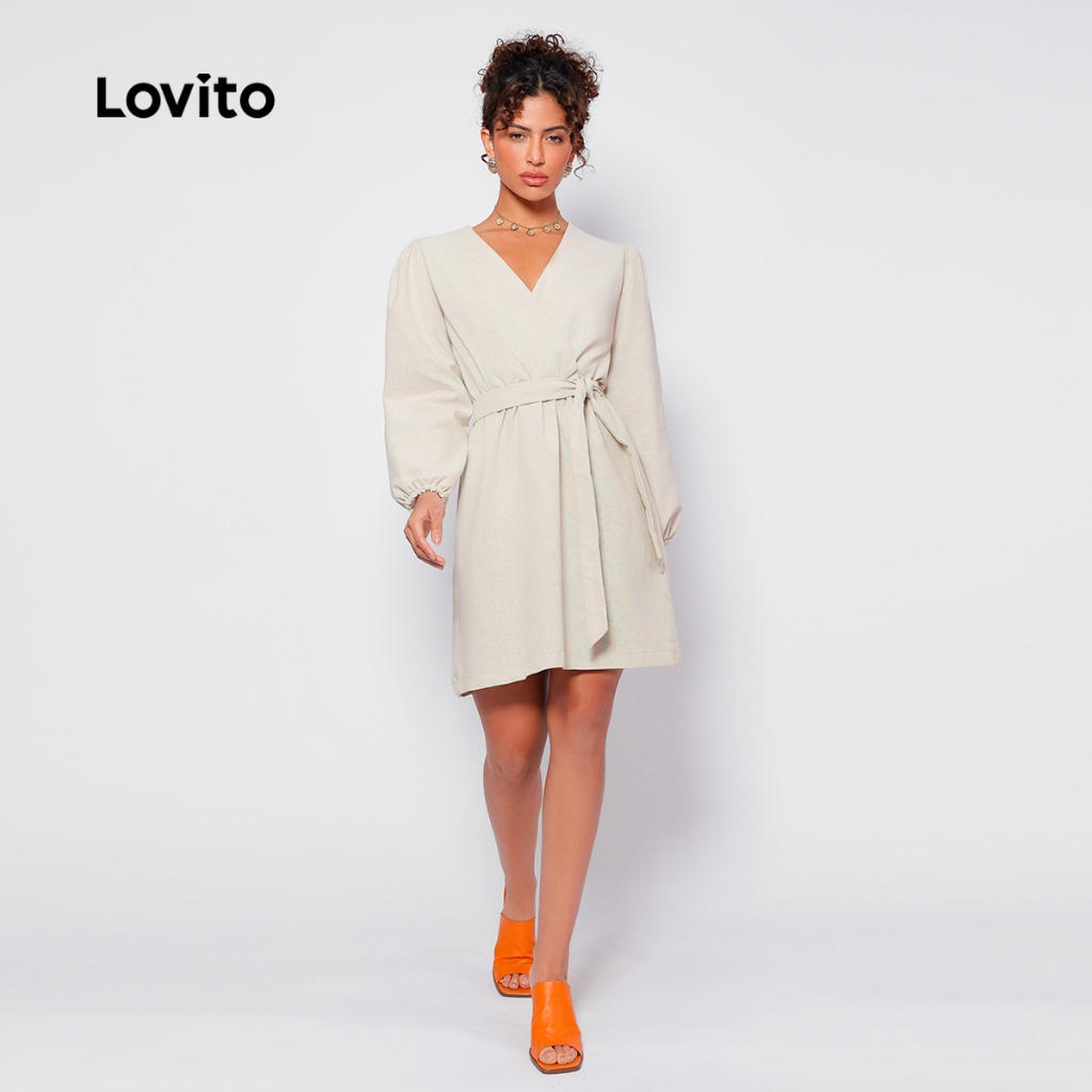 Lovito Vestido Curto Feminino Transpassado Mangas Longas DRB253BRL282