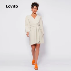 Lovito Vestido Curto Feminino Transpassado Mangas Longas DRB253BRL282