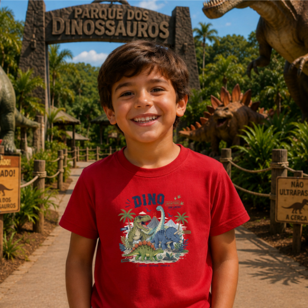 Camiseta Infantil Masculina 100% Algodão Estampada em DTF Dinossauros Estilo Básico e fofo para Meninos