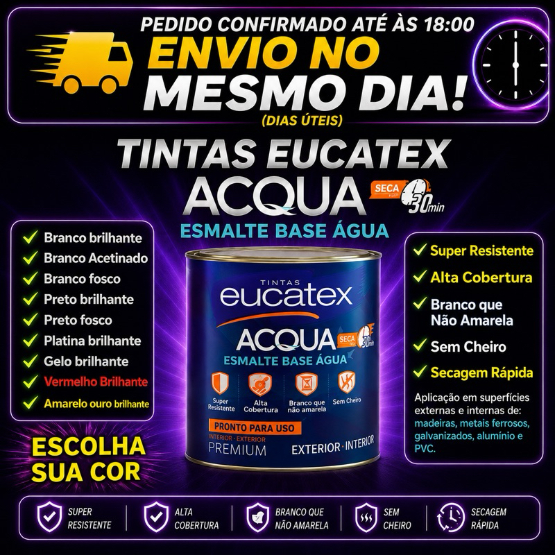 Tinta Esmalte Base Água Eucatex Acqua 900ml Colorido Preto Branco Brilhante Acetinado Fosco
