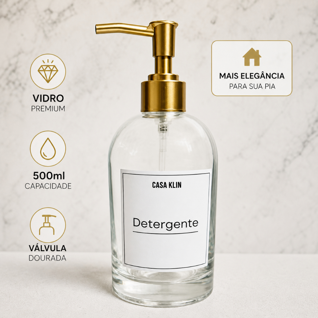 Porta Detergente Vidro 500ml com Válvula Dourada/Dispenser Luxo Cozinha Banheiro