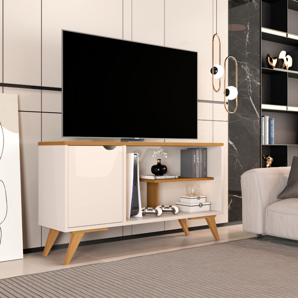 Rack Bancada Com 1 Porta e Prateleiras Para Sala de Estar Quarto e TV Com Pés em Madeira